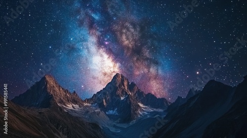 Milky Way galaxy seen above a mountain range, its vibrant stars glowing brightly in the clear night sky