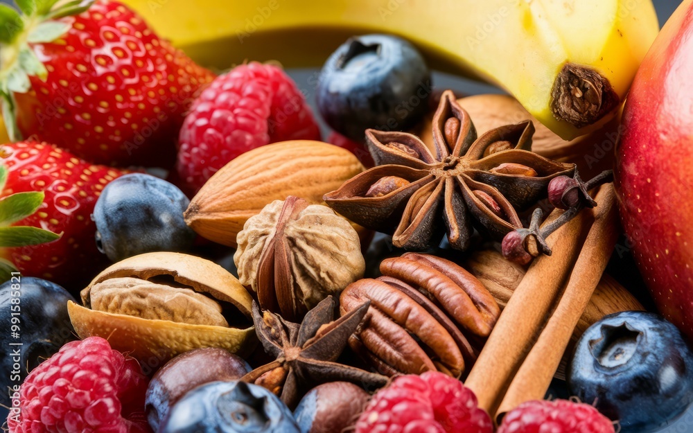 Fruits, nuts, and spices. A close-up of fresh fruits, nuts, and spices, suggesting a delicious and healthy snack or a culinary masterpiece. Fruits, nuts, and spices. A close-up of fresh fruits, nuts, and spices, suggesting a delicious and healthy snack or a culinary masterpiece.