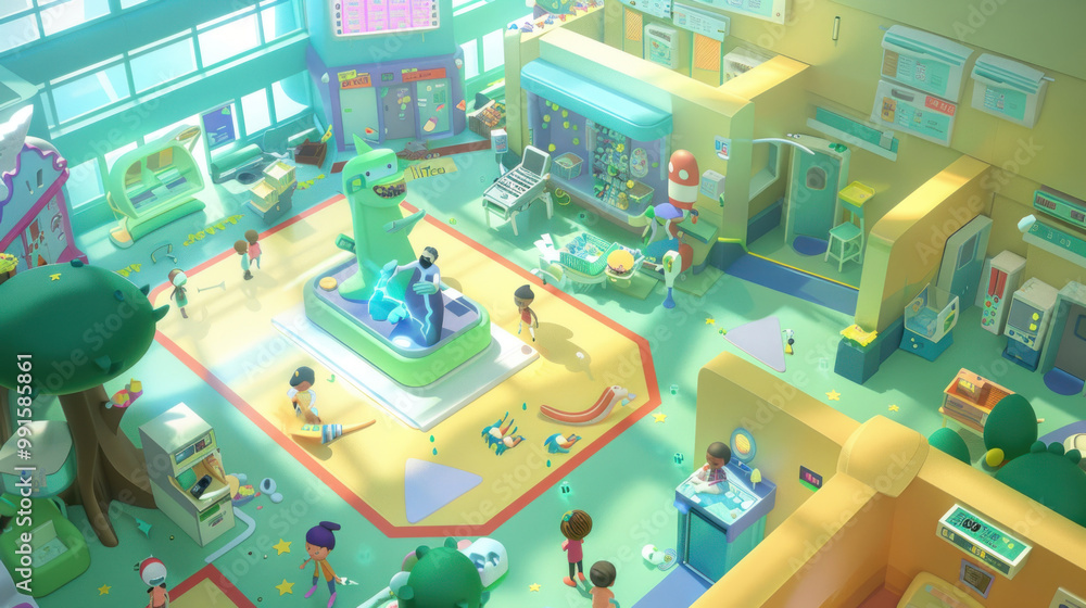 Obraz premium A healthcare management system where children use interactive maps to manage a hospital, directing magical creatures who assist in running the facility efficiently and with care