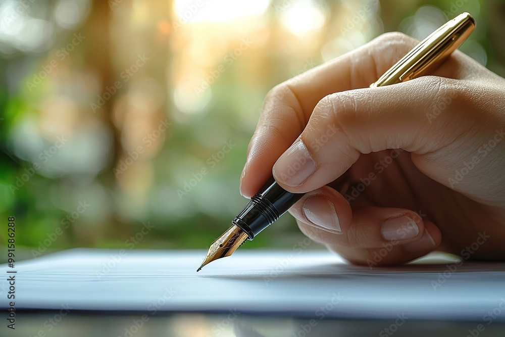 Hand holding a gold fountain pen writing on a piece of paper. Hand holding a gold fountain pen writing on a piece of paper.