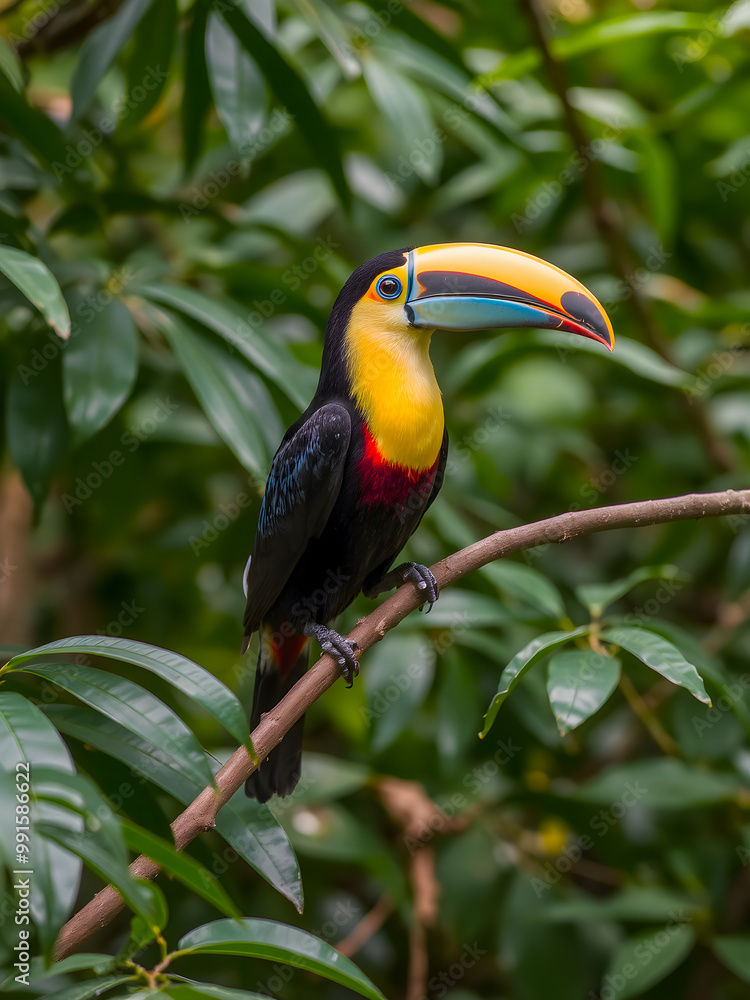 Fototapeta premium Colorful tucan bird perched on a branch in the rainforest