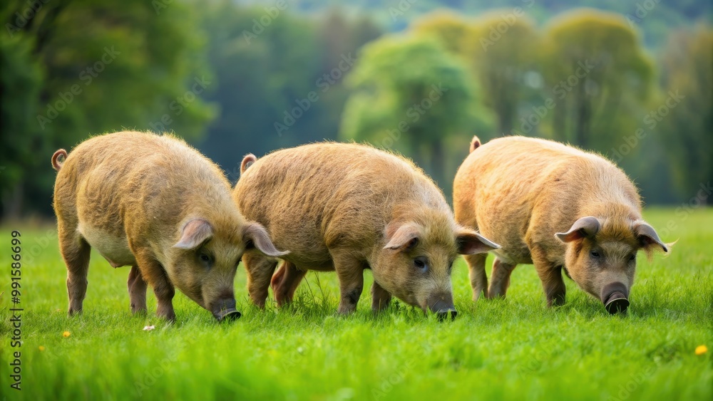 Fototapeta premium Three mangalica pigs grazing in a lush green pasture, mangalica pigs, livestock, farming, animals, outdoors