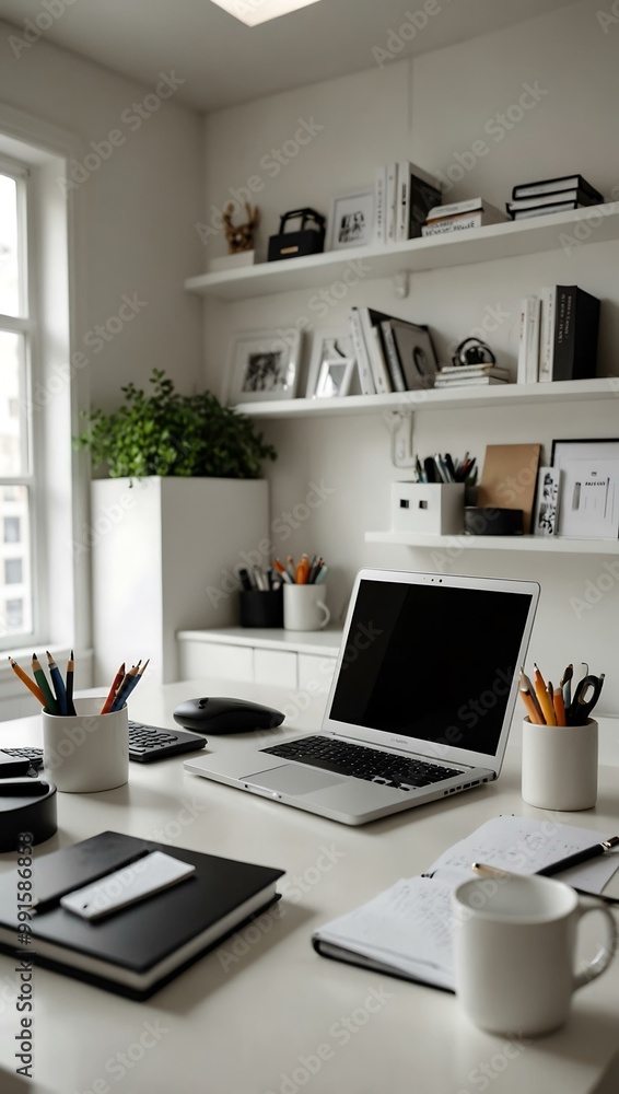 Clean white office with a laptop and work tools. Clean white office with a laptop and work tools.