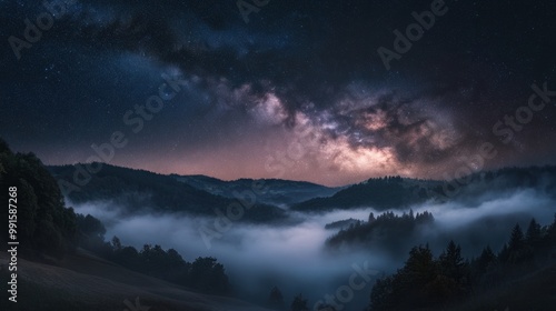 Milky Way galaxy shining above a misty valley at night, casting a cosmic glow over the rolling hills below