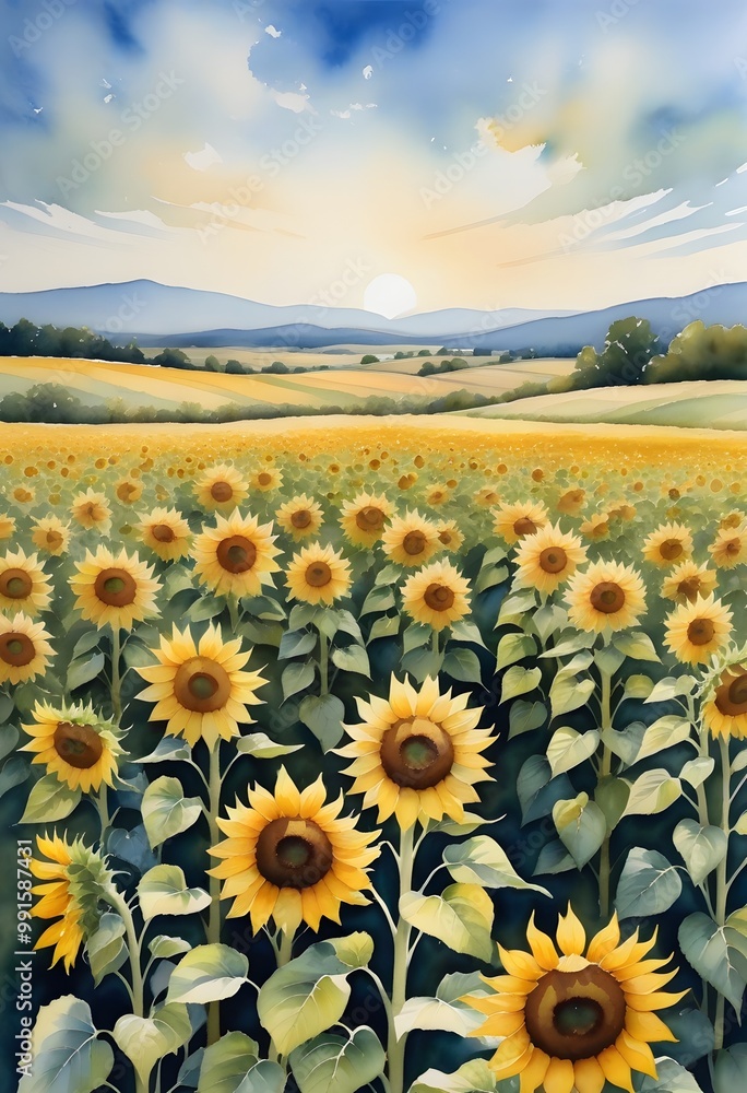 Obraz premium Vibrant oil painting of sunflower field in warm colors representing summer landscape