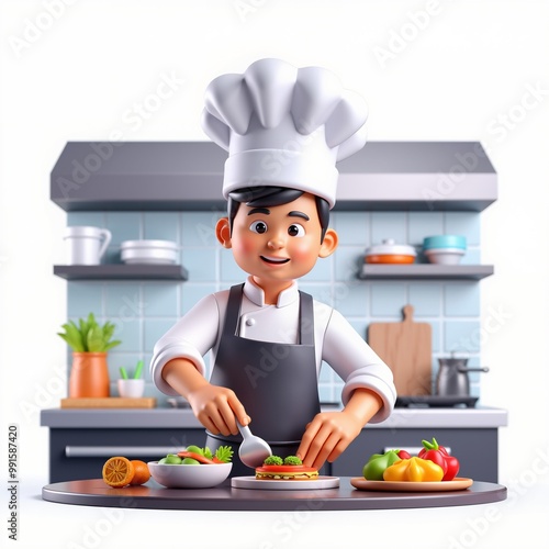 3D cartoon chef preparing a meal in a bright kitchen. The chef is wearing a white hat and apron, surrounded by fresh vegetables, representing healthy cooking. 