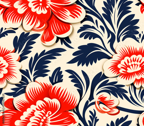 Seamless blue and red floral pattern for modern design and beautiful background.