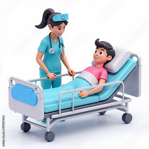 3D cartoon nurse smiling and caring for a happy patient in a hospital bed. Bright medical environment with clean, professional setting.
