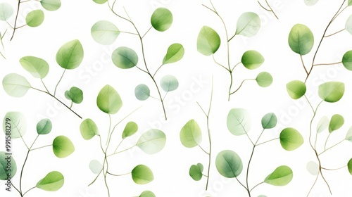 Seamless watercolor floral pattern - green leaves and branches composition on white background, perfect for wrappers, wallpapers, postcards, greeting cards, wedding invitations, romantic events.