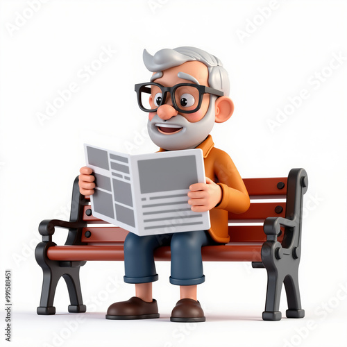 3D illustration of an elderly man reading a newspaper on a park bench. Relaxing, casual, and peaceful scene in cartoon style.
