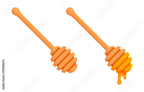 Set of honey dippers with one dripping honey. Flat vector illustration isolated on a white background. Apiculture, natural sweetener, and organic food concept