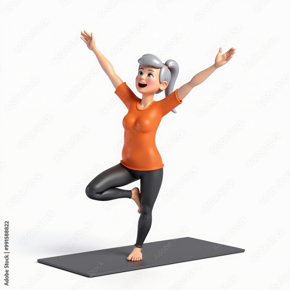 3D illustration of a happy elderly woman doing yoga in a tree pose. Active senior enjoying fitness and healthy lifestyle on a mat.
3D illustration of a happy elderly woman doing yoga in a tree pose. Active senior enjoying fitness and healthy lifestyle on a mat.