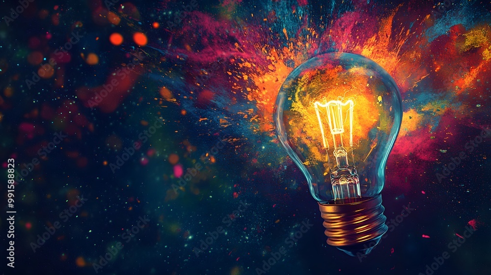 Glowing Lightbulb Surrounded by a Burst of Colorful Paint Glowing Lightbulb Surrounded by a Burst of Colorful Paint