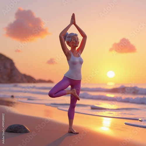 3D illustration of an elderly woman practicing yoga on the beach at sunset. Senior wellness and mindfulness in a tranquil seaside setting.
