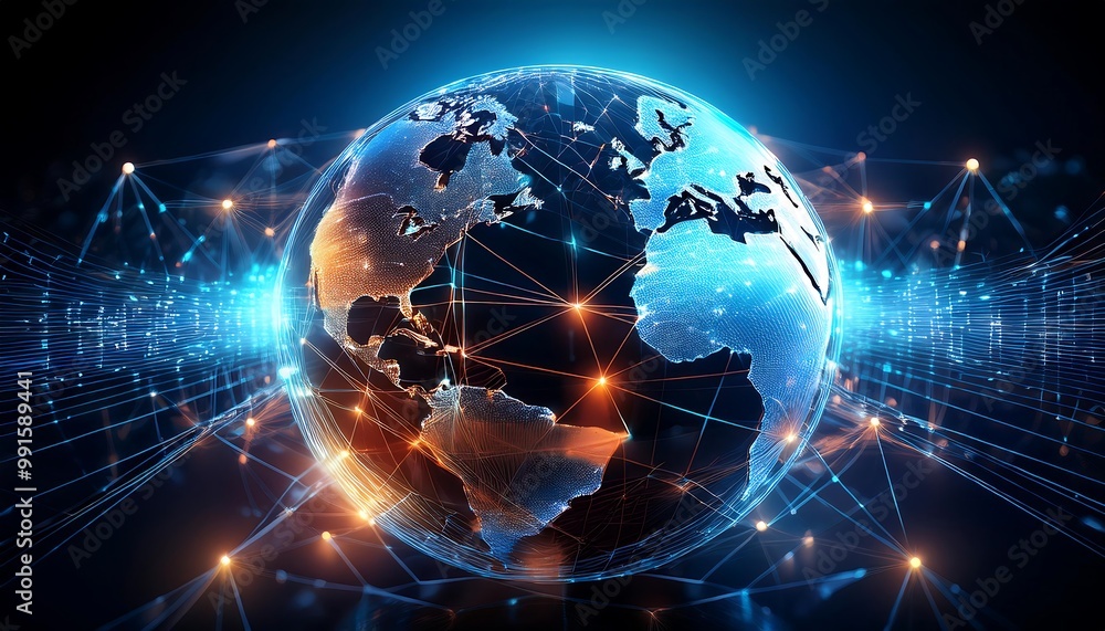 A digital globe is enveloped in a network of glowing lines, representing global connectivity (1) A digital globe is enveloped in a network of glowing lines, representing global connectivity (1)