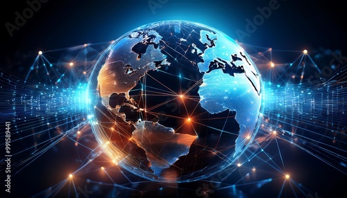 A digital globe is enveloped in a network of glowing lines, representing global connectivity (1)