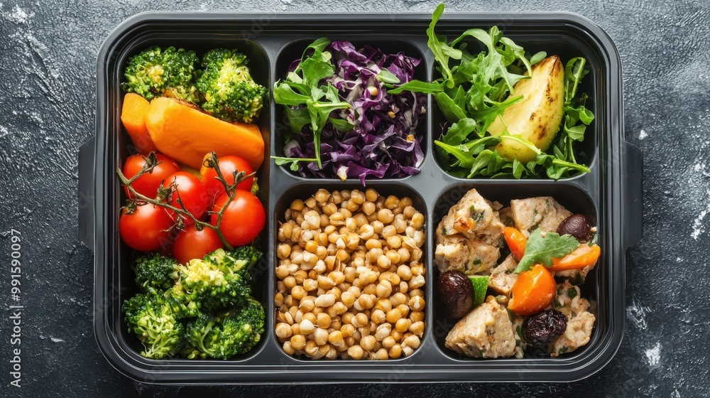 A lunchbox packed with fresh vegetables, lean protein, and whole grains, showing a well-rounded, nutritious meal on the go. A lunchbox packed with fresh vegetables, lean protein, and whole grains, showing a well-rounded, nutritious meal on the go.