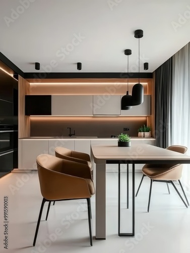 Modern Minimalist Kitchen Interior with Elegant Design and Warm Lighting 