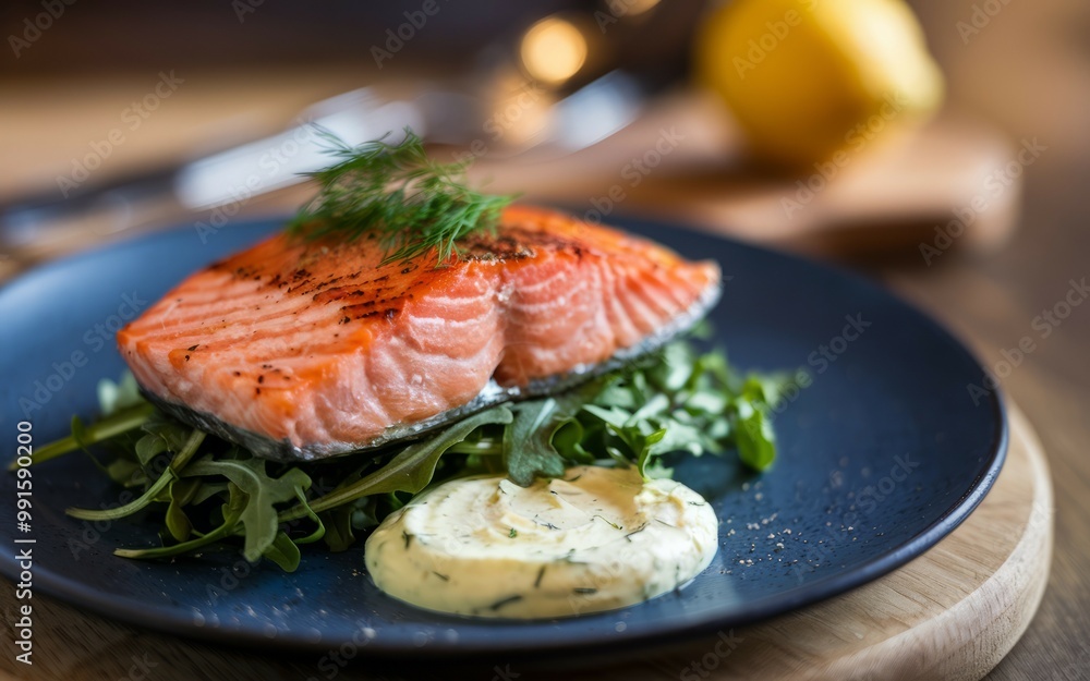 Grilled salmon salad. Grilled salmon fillet served on a bed of greens with a creamy sauce.