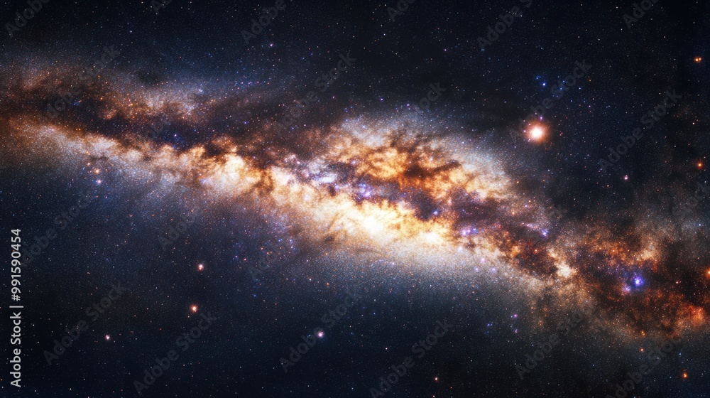 Stunning view of the Milky Way's spiral arms, with bright nebula clouds and star clusters radiating light Stunning view of the Milky Way's spiral arms, with bright nebula clouds and star clusters radiating light