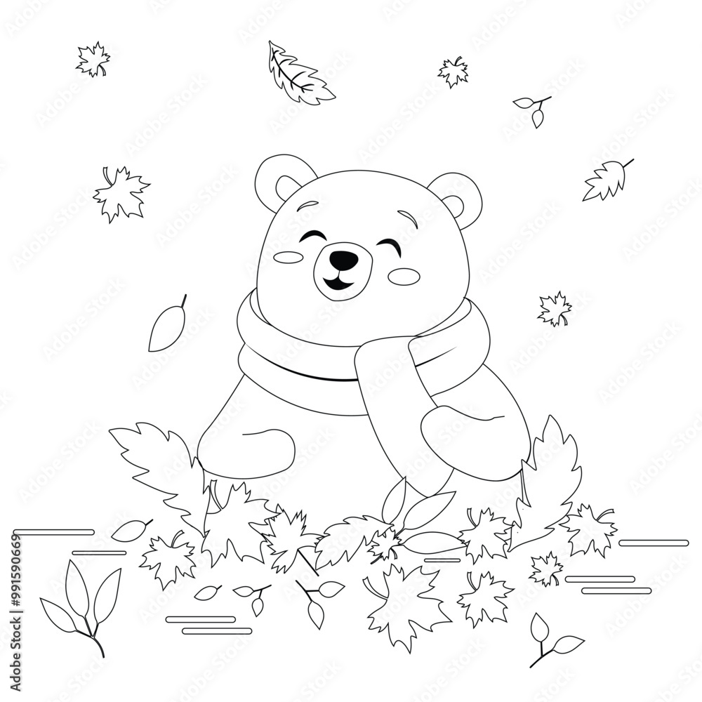 Cute carefree bear in a scarf against the backdrop of autumn leaves. Vector outline illustration, coloring page, line art.
Cute carefree bear in a scarf against the backdrop of autumn leaves. Vector outline illustration, coloring page, line art.