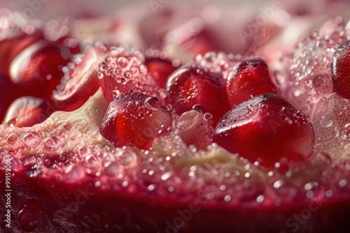 Pomegranate Jewel: Close-up of a vibrant pomegranate, glistening with water droplets, revealing its jewel-toned arils in exquisite detail. A captivating macro shot perfect for food blogs, magazines.