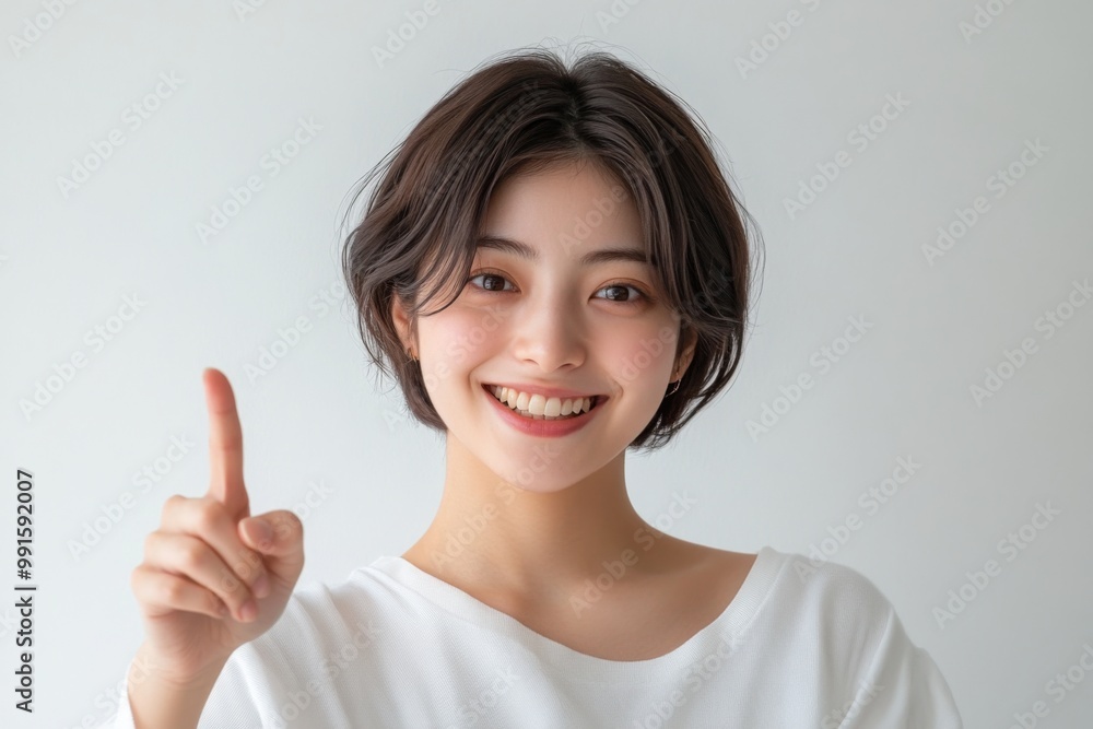 A cheerful Japanese woman in her early 20s smiles and points at the viewer with one hand, dressed in white against a plain background A cheerful Japanese woman in her early 20s smiles and points at the viewer with one hand, dressed in white against a plain background