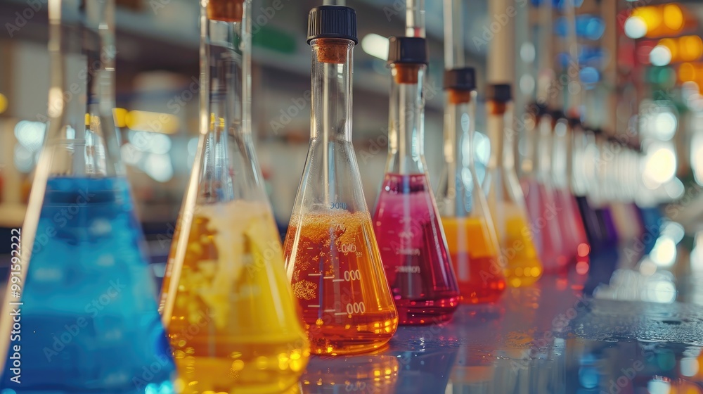 A row of glass flasks filled with colorful liquids, reflecting light in a laboratory setting. A row of glass flasks filled with colorful liquids, reflecting light in a laboratory setting.