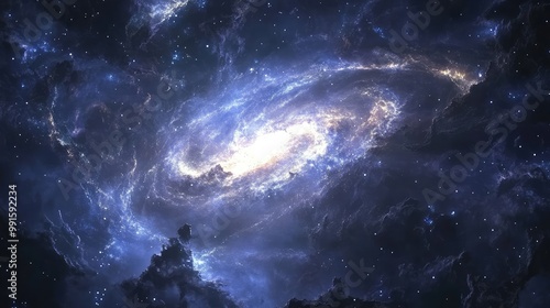 Vast galaxy with swirling arms and bright stars shining in the darkness