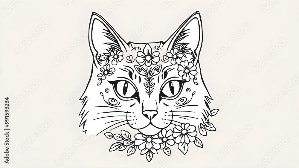 Hand drawn doodle outline cat head decorated with ornaments.Vector zen art illustration.Floral ornament.Sketch for tattoo or coloring pages.Boho style. Generative AI