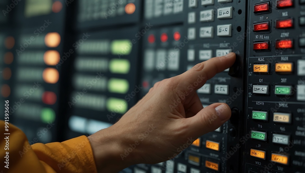 Close-up of an operator's hand on a complex control panel in a high-tech setting. Close-up of an operator's hand on a complex control panel in a high-tech setting.