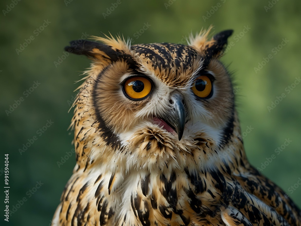 Close-up of an owl with striking yellow eyes and ruffled feathers on a green background. Close-up of an owl with striking yellow eyes and ruffled feathers on a green background.