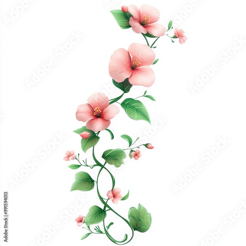 Beautiful pink flowers intertwined with green leaves, perfect for adding a touch of nature to your design, white background