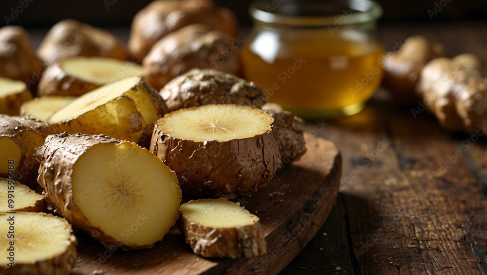 Close-up of fresh ginger and honey on a rustic table. Close-up of fresh ginger and honey on a rustic table.