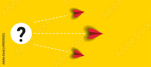 Red planes flying to different solution alternatives to a problem.Alternative path idea concept.