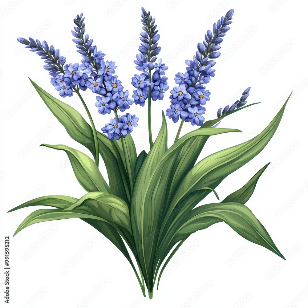 Fototapeta premium A beautiful illustration of blue flowers surrounded by lush green leaves, perfect for adding a touch of nature to your designs, white background