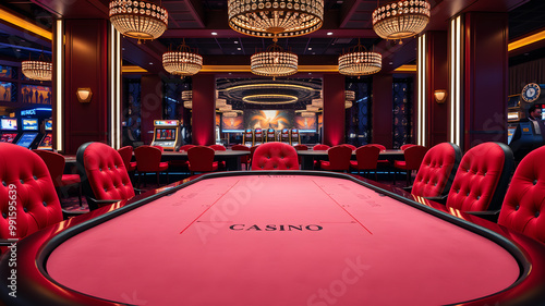 Indoor photo of red casino table with red chair in casino with luxury high quility picture. Generative AI