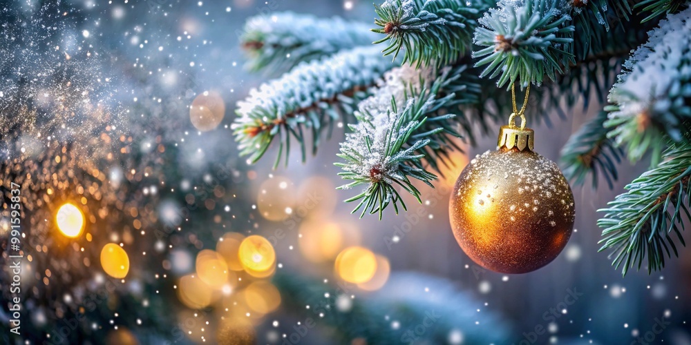 A close-up of a snowy pine branch with a golden Christmas ornament hanging in front of a background filled with warm festive lights and soft falling snow capturing the holiday spirit A close-up of a snowy pine branch with a golden Christmas ornament hanging in front of a background filled with warm festive lights and soft falling snow capturing the holiday spirit