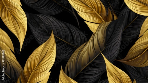Tropical leaf Wallpaper, Luxury nature leaves pattern design, Golden banana leaf line arts, Hand drawn outline design for fabric , print, cover, banner and invitation, Vector illustration.
