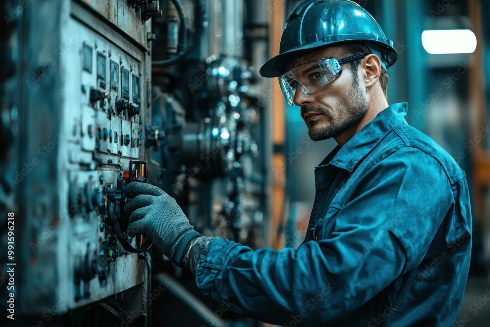 Technician repairing or inspecting electrical equipment in an industrial setting Technician repairing or inspecting electrical equipment in an industrial setting