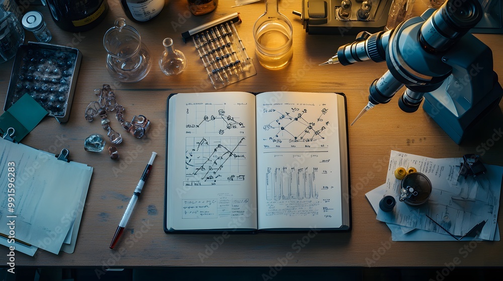 A scientist's workspace with a microscope, charts, and lab equipment. A scientist's workspace with a microscope, charts, and lab equipment.