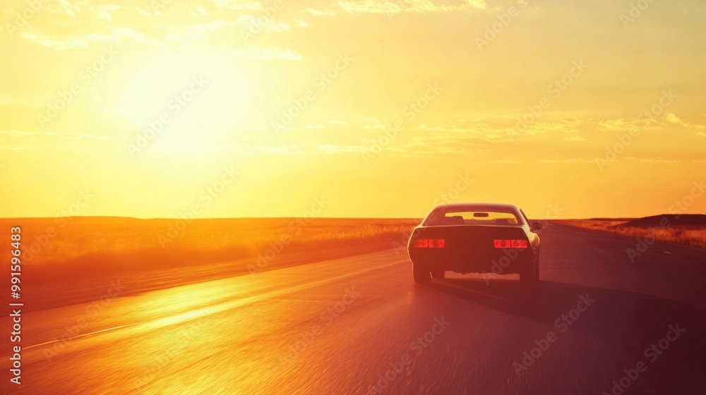 A solitary car driving along a deserted highway at sunset, with golden light reflecting off its hood, symbolizes freedom and solitude A solitary car driving along a deserted highway at sunset, with golden light reflecting off its hood, symbolizes freedom and solitude