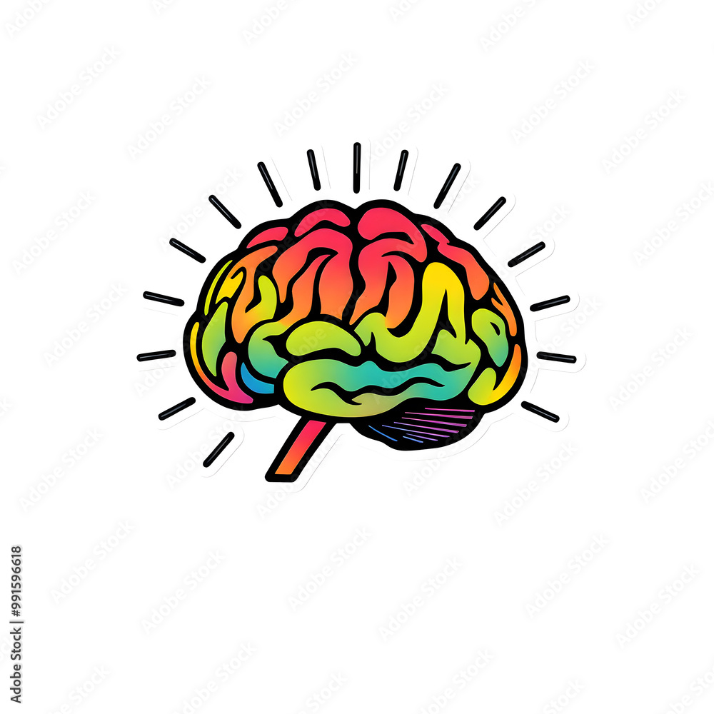 Line sticker vector-style image of sticker of a rainbow brain with energy emanating from it on white background. Generative AI Line sticker vector-style image of sticker of a rainbow brain with energy emanating from it on white background. Generative AI