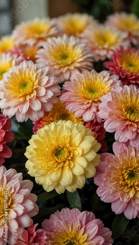 Close-up of pink and yellow flowers in a flower shop.