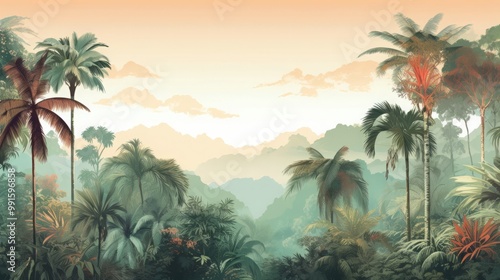 Tropical Trees wallpaper design for digital printing