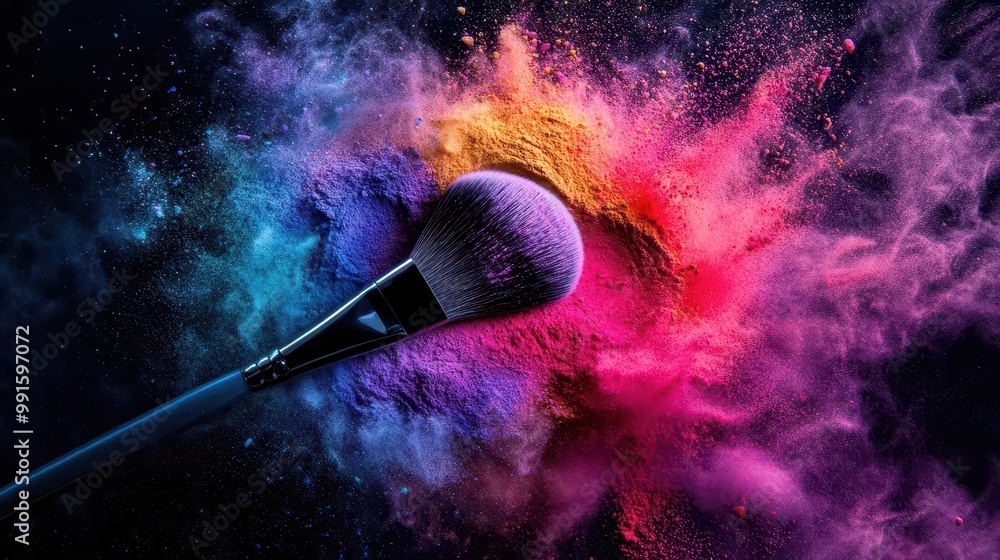 A hyperrealistic closeup of a makeup brush swirling in colorful powder, creating vibrant hues in the air A hyperrealistic closeup of a makeup brush swirling in colorful powder, creating vibrant hues in the air