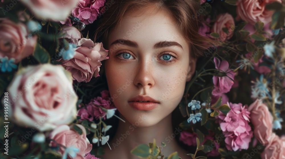 A woman with striking blue eyes sits amidst a bouquet of pink flowers A woman with striking blue eyes sits amidst a bouquet of pink flowers
