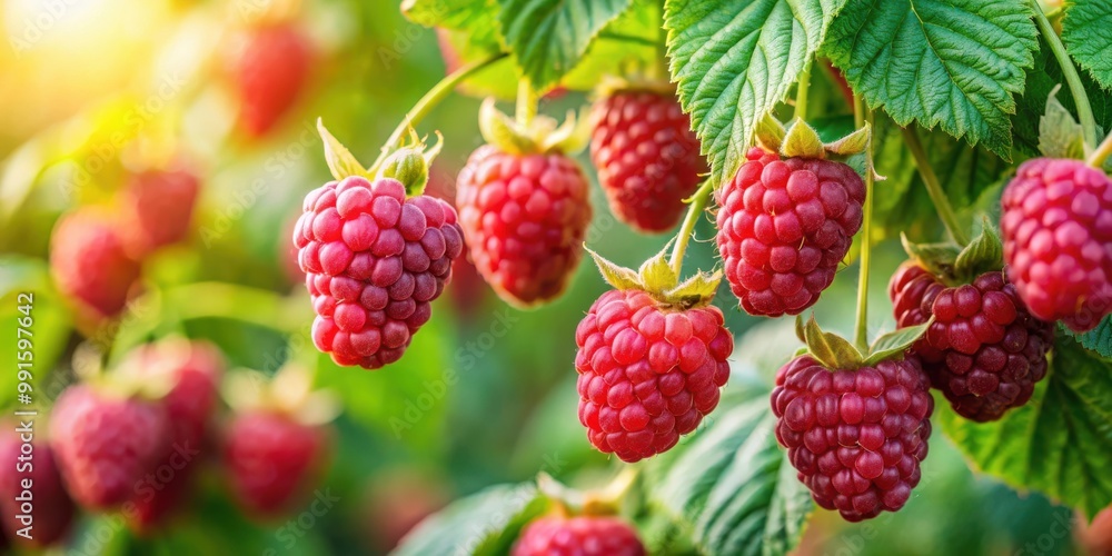 Close-up shot of ripe raspberries growing on a bush in vibrant colors Close-up shot of ripe raspberries growing on a bush in vibrant colors