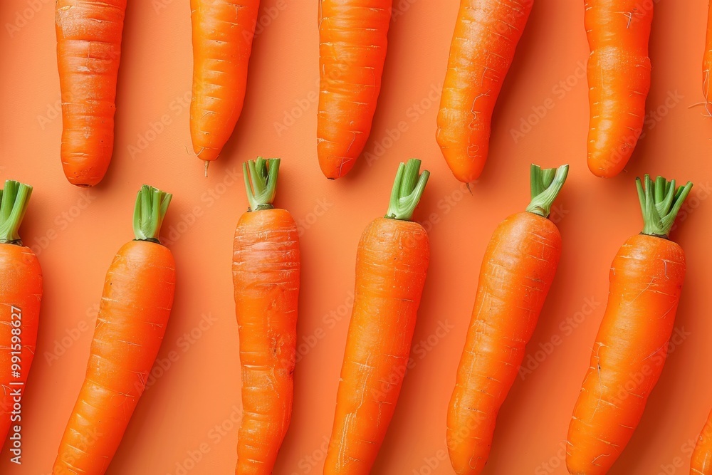 Vibrant Carrot Pattern: A flat lay showcasing fresh, organically-grown carrots arranged in neat rows against a lively orange backdrop. A healthy, visually appealing image perfect for food blogs. Vibrant Carrot Pattern: A flat lay showcasing fresh, organically-grown carrots arranged in neat rows against a lively orange backdrop. A healthy, visually appealing image perfect for food blogs.