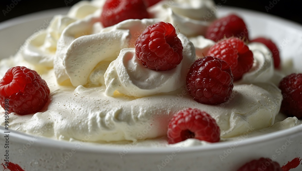 Close-up of whipped cream and fresh raspberries. Close-up of whipped cream and fresh raspberries.